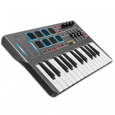 Donner DMK 25 MIDI tastatūras kontrolieris Mūzikas mini taustiņš ar 8 apgaismotiem bungu spilventiņiem, 4 pogām, 4 vadības faderiem MIDI kontrolieris, melns